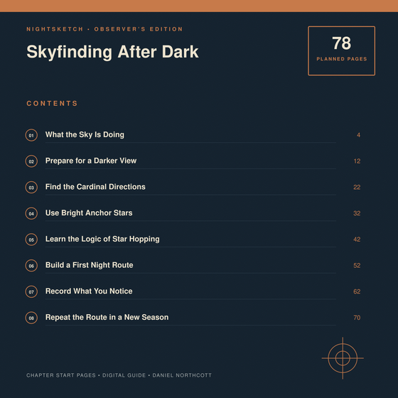 Contents preview with chapter start pages for Skyfinding After Dark.