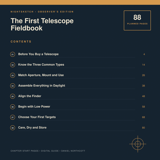 Contents preview with chapter start pages for The First Telescope Fieldbook.