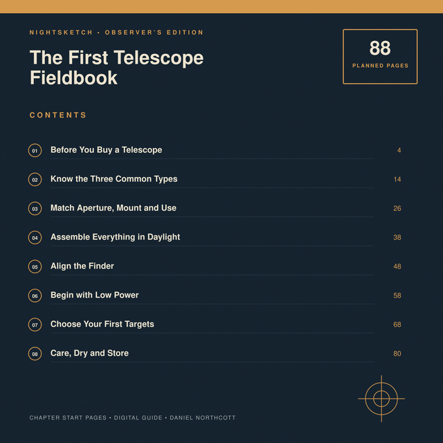 Contents preview of The First Telescope Fieldbook, a NIGHTSKETCH digital guide.